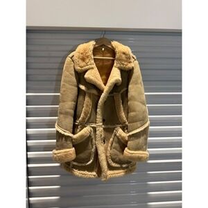 Vintage Shearling Sheepskin Coat Tan Suede Fur Trim Heavy Winter Jacket Size 38